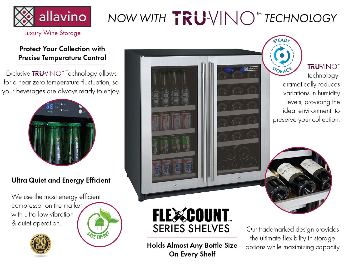 Allavino 30" Wide FlexCount II Tru-Vino 30 Bottle 88 Can Dual Zone Stainless Steel Wine Refrigerator / Beverage Center