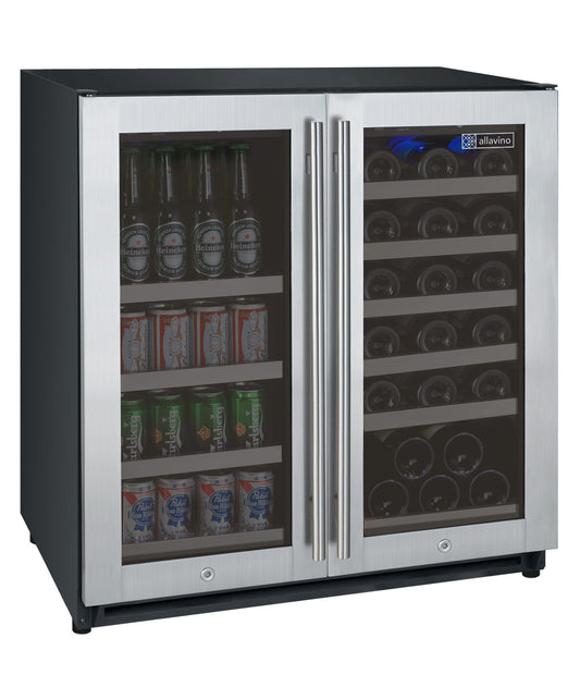 Allavino 30" Wide FlexCount II Tru-Vino 30 Bottle 88 Can Dual Zone Stainless Steel Wine Refrigerator / Beverage Center