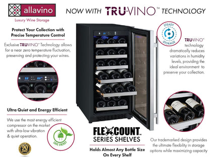 Allavino 15" Wide FlexCount II Tru-Vino 30 Bottle Single Zone Stainless Steel Wine Refrigerator